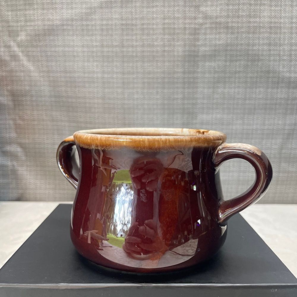 McCoy Brown Ceramic Pot with Handles, signed vintage.